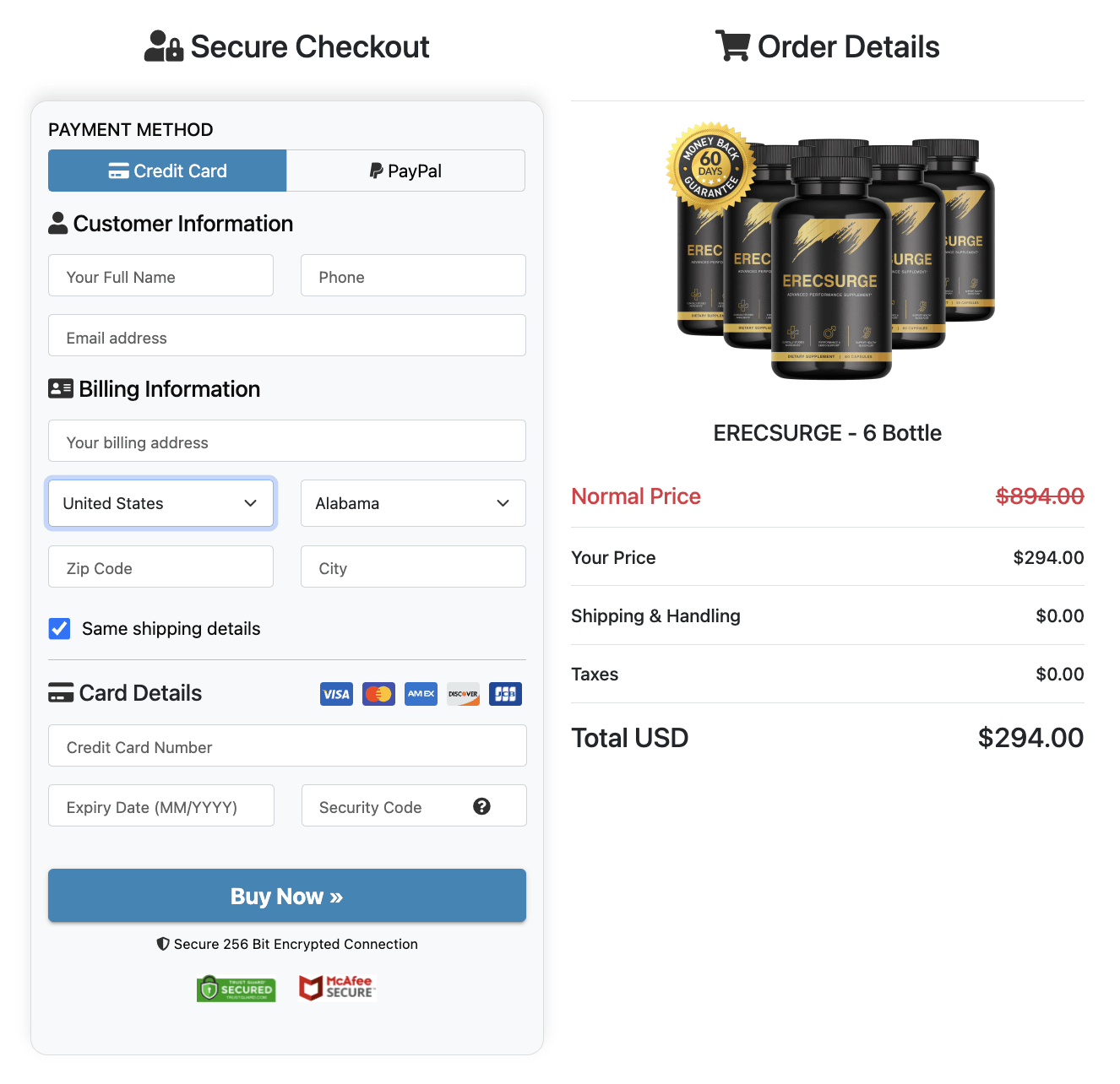 ErecSurge Secured Order Page